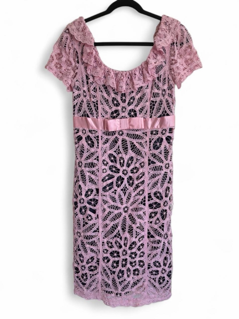 Betsey Johnson Pink Lace Midi Dress with Ribbon Waist